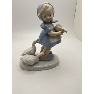 Vintage Child Dutch Girl with Geese Figurine Blue & White Porcelain Farm Japan